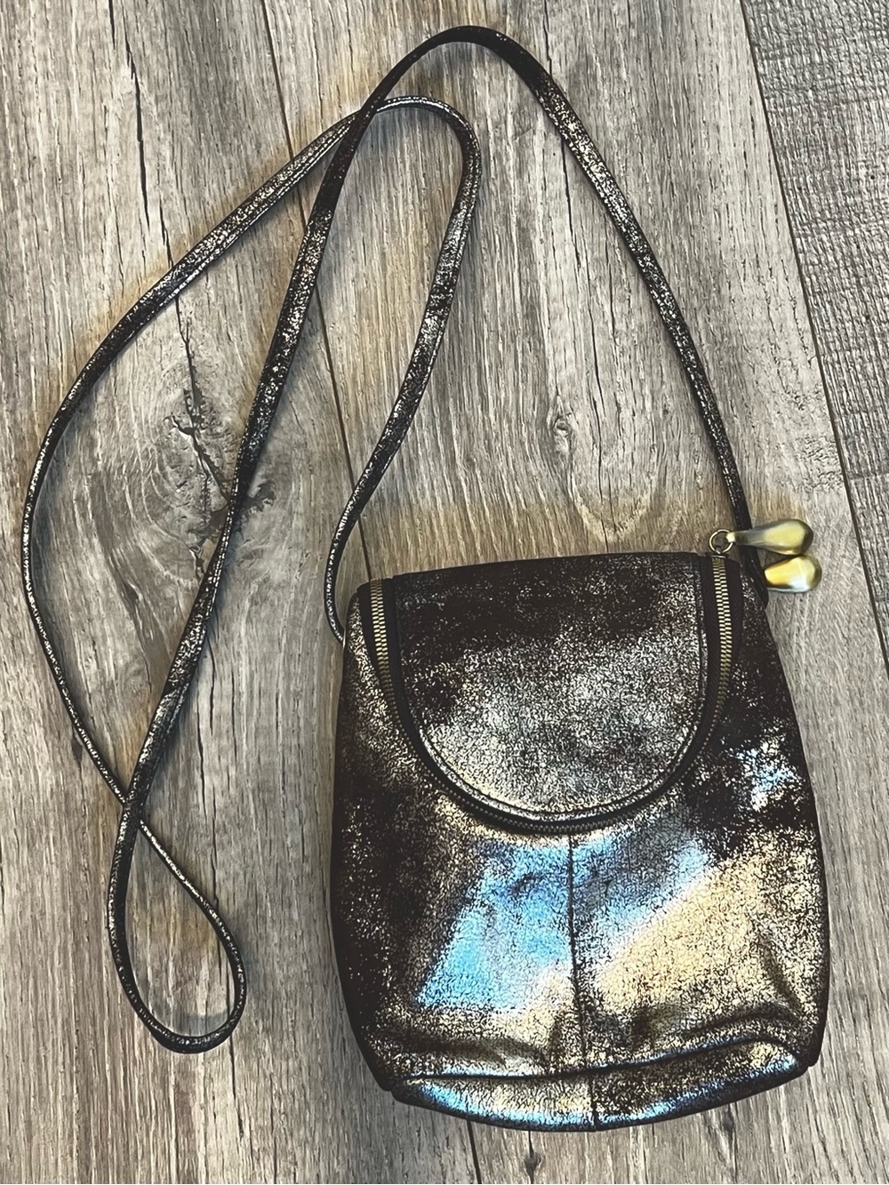 Hobo Leather Fern Brown Distressed Metallic Shimmer Crossbody Bag